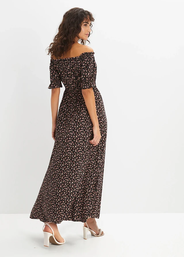 Robe longue 100% viscose, Couleur: noir floral