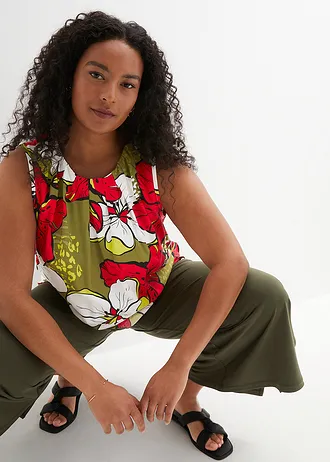 Viscose blousetop, Kleur: aardbeirood-donkerkaki gebloemd