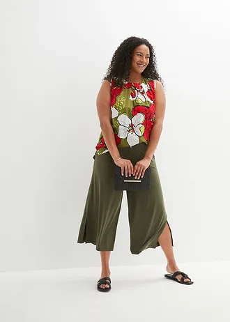 Viscose blousetop, Kleur: aardbeirood-donkerkaki gebloemd