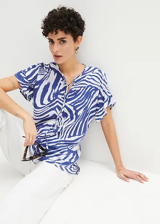 Volnější tunika z viskózy • bílo-drahokamově modrá se zebřím potiskem • bonprix obchod