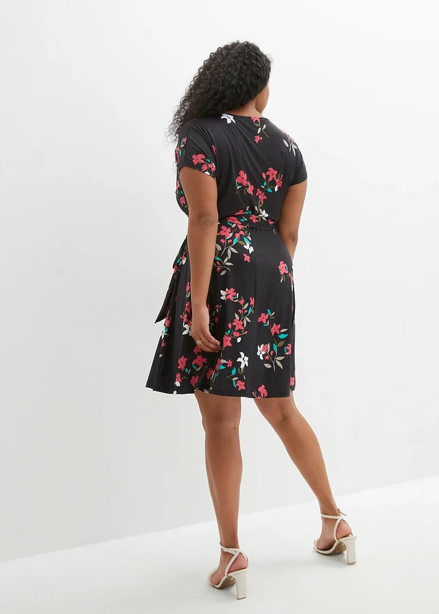 Robe en jersey style portefeuille, Couleur: noir/framboise floral