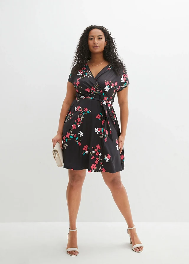 Robe en jersey style portefeuille, Couleur: noir/framboise floral