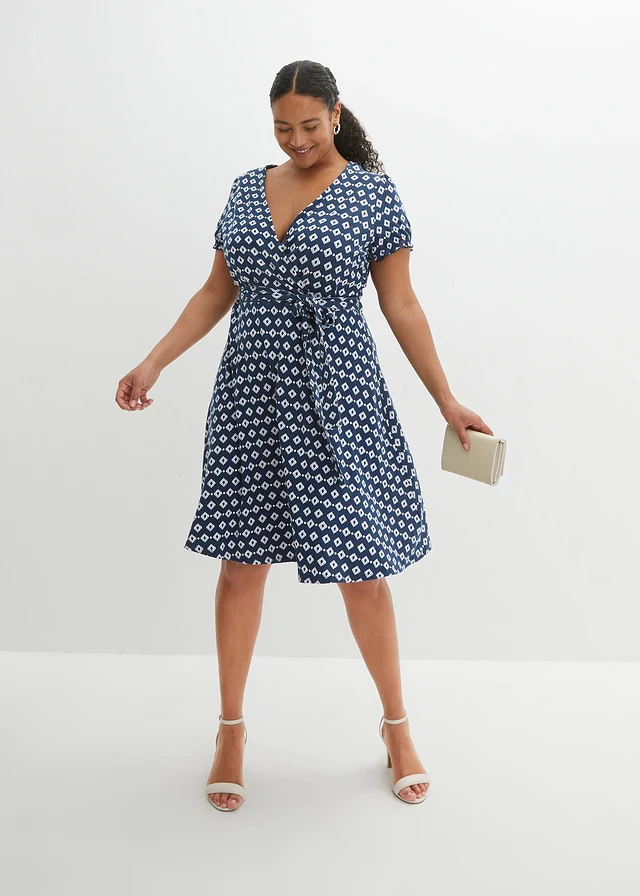 Robe en jersey viscose, Couleur: bleu foncé   blanc
