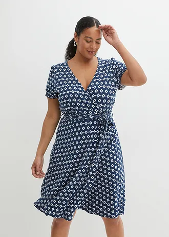 Jersey jurk in een viscosemix, Kleur: donkerblauw/wit met print