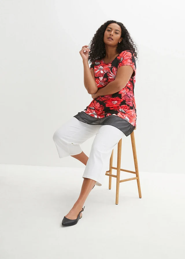 Longshirt met chiffon, Kleur: zwart-rood gebloemd
