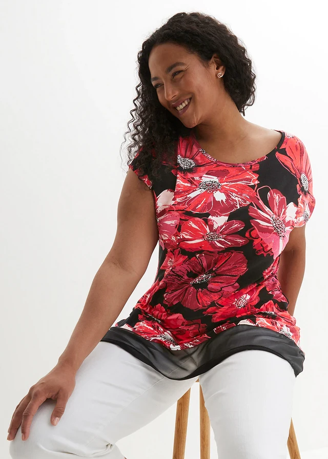 Longshirt met chiffon, Kleur: zwart-rood gebloemd