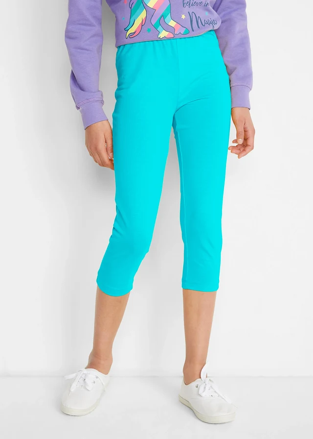 Meisjes 3/4 legging (set van 2) met biologisch katoenmix, Kleur: aqua+lichtfuchsia