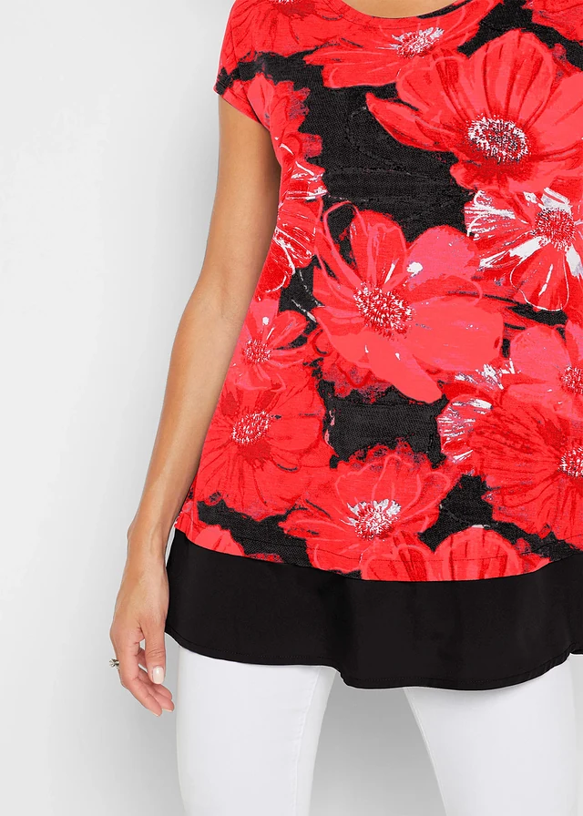 T-shirt long avec empiècement mousseline • noir/rouge floral • product-page.page-title-suffix