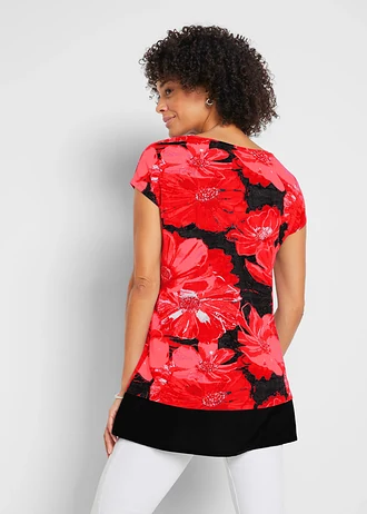 Długi T-shirt z szyfonem • czarno-czerwony w kwiaty • sklep bonprix