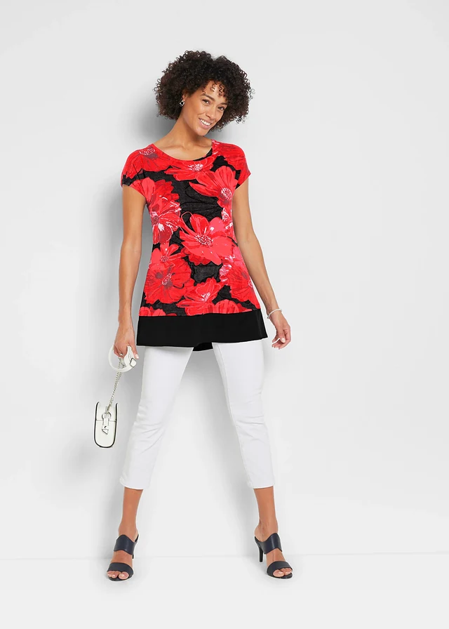 T-shirt long avec empiècement mousseline • noir/rouge floral • product-page.page-title-suffix