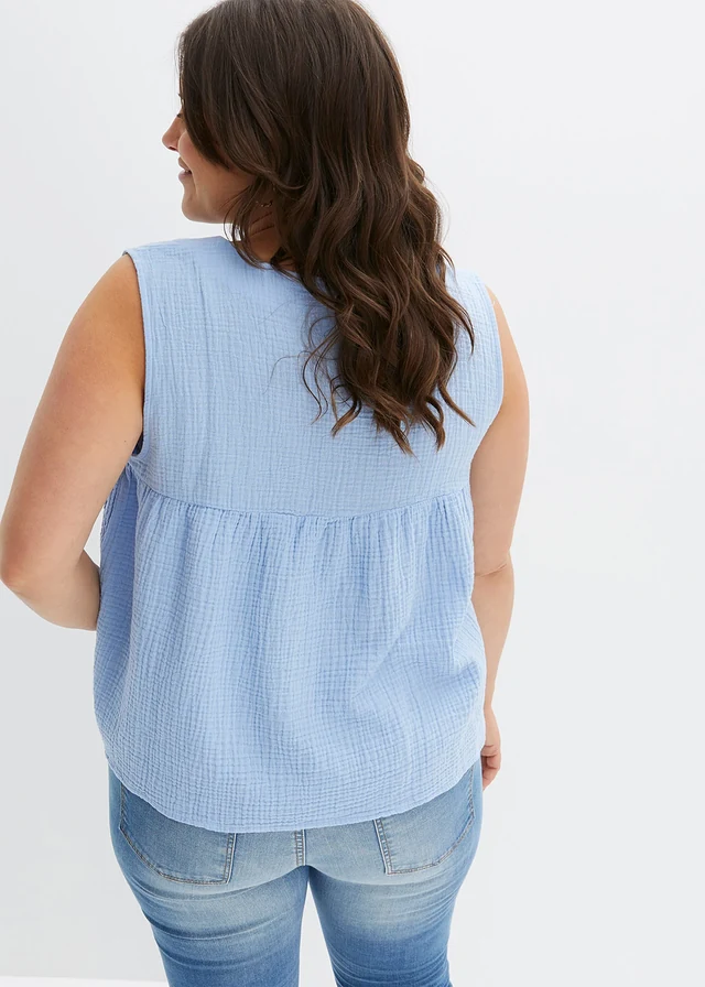 Blouse sans manches en gaze de coton, Couleur: bleu nacré