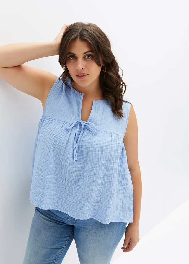 Blouse sans manches en gaze de coton, Couleur: bleu nacré