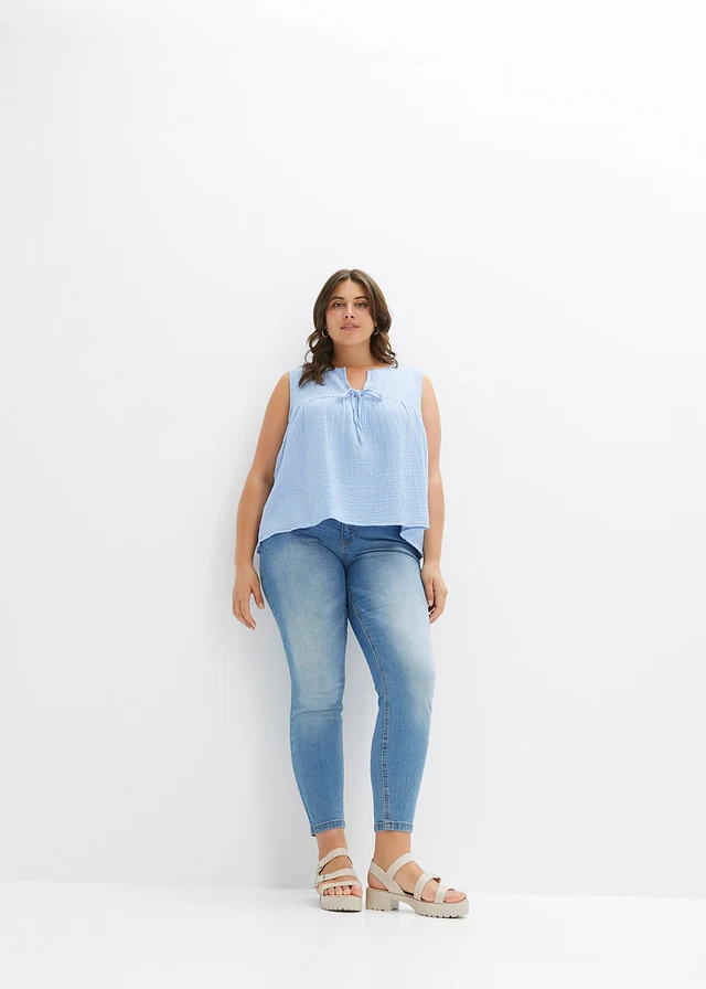 Blouse sans manches en gaze de coton, Couleur: bleu nacré