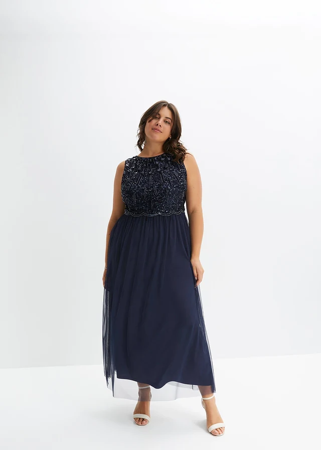 Robe longue avec haut brodé de sequins, Couleur: bleu foncé