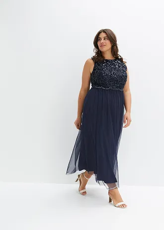 Maxi šaty s výšivkou s flitry, barva: tmavě modrá