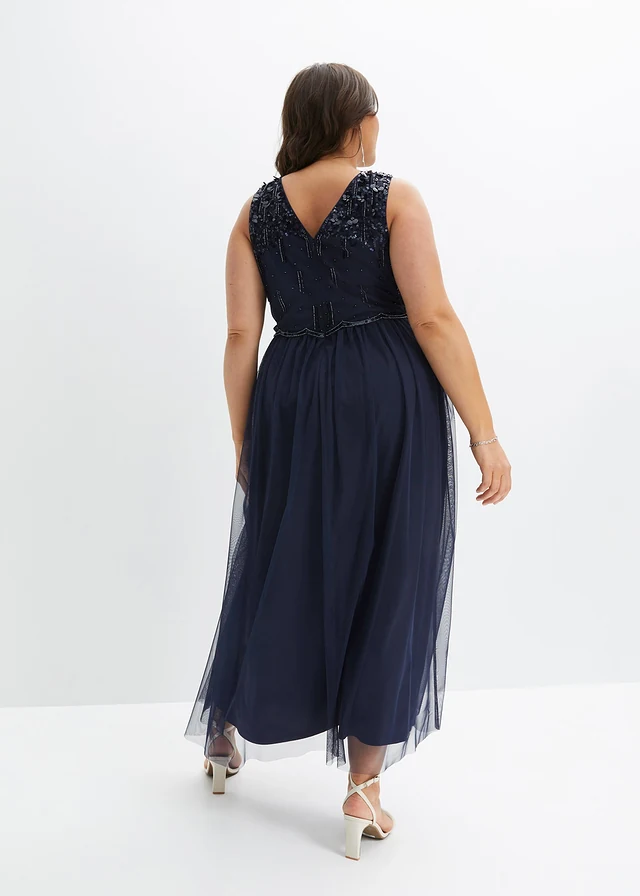 Robe longue avec haut brodé de sequins, Couleur: bleu foncé