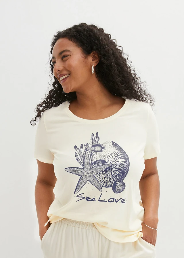 T-shirt Sea Love, Couleur: blanc crème/bleu foncé imprimé