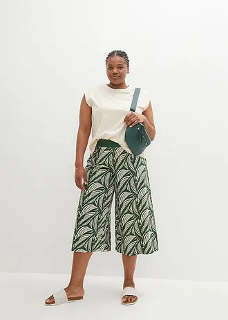 Pantalon large en jersey coton et viscose, Couleur: vert foncé/beige sable