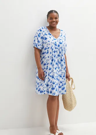 Geweven tuniekjurk met kanten details, Kleur: wit-azuurblauw-parelblauw