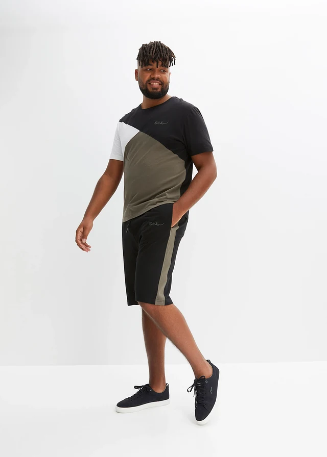 T-shirt en sweat bermuda (2-dlg. set), Kleur: zwart-donkerolijfgroen-wit
