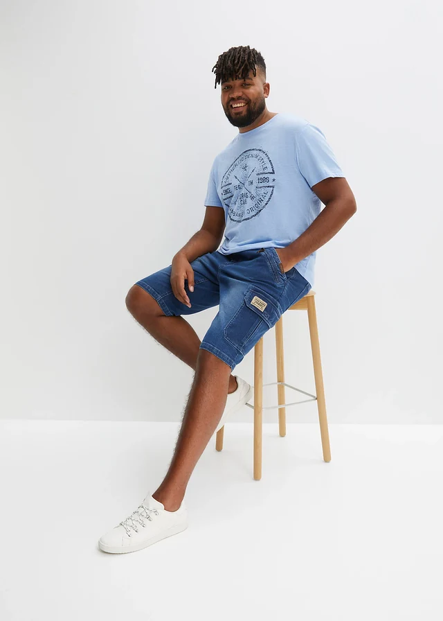 Strečové džínové cargo bermudy, Regular Fit, barva: středně modrý denim