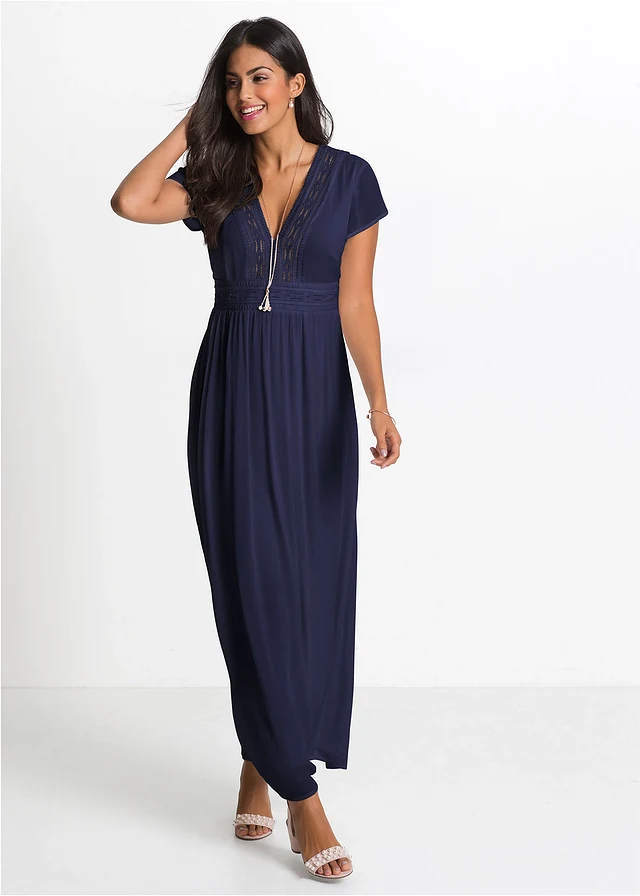 Robe longue en viscose fluide, Couleur: bleu foncé