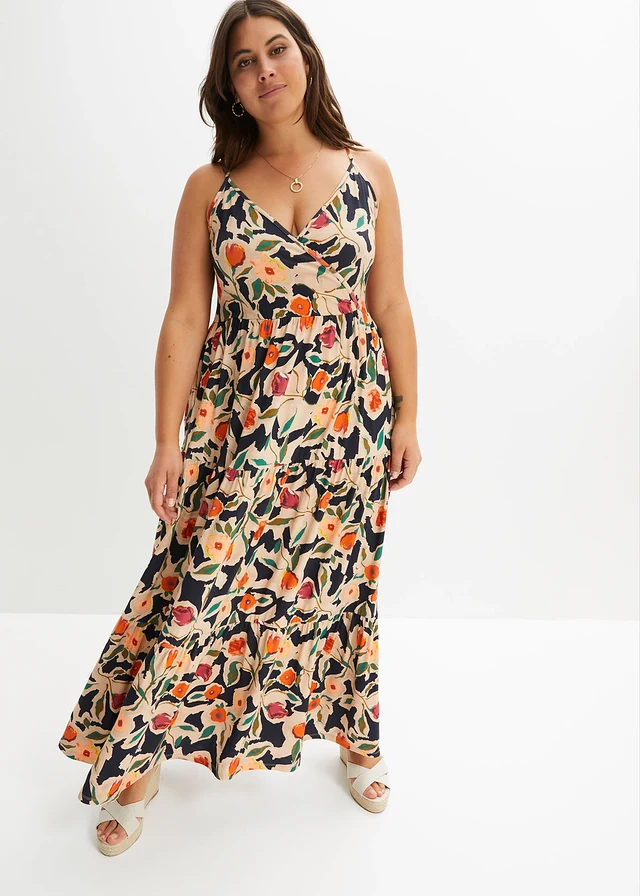 Robe longue en viscose douce et extensible, Couleur: noir/beige floral