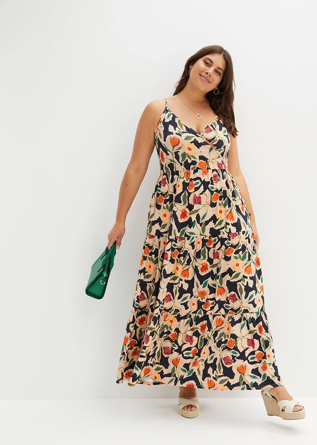 Robe longue en viscose douce et extensible, Couleur: noir/beige floral