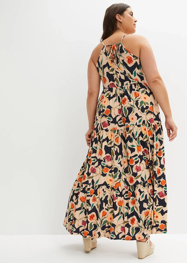 Robe longue en viscose douce et extensible, Couleur: noir/beige floral