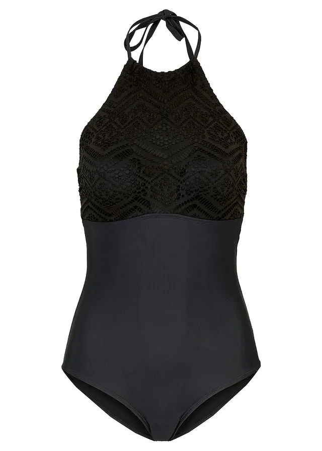 Costum de baie cu efect de modelare mediu, cu dantelă
