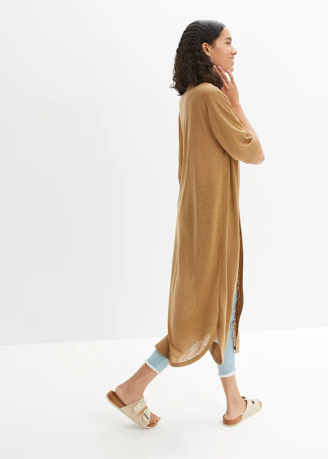 Lang vest in linnen look, Kleur: beige
