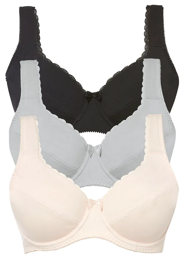 Lot de 3 soutiens-gorge coton à armatures, Couleur: noir + rose crème + argenté mat