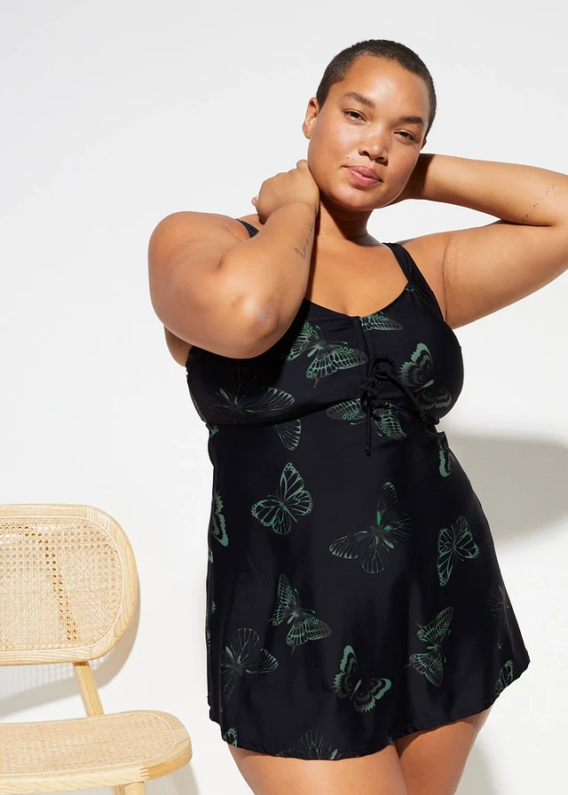 Lange tankini met V-hals (2-dlg. set), Kleur: zwart-olijfgroen