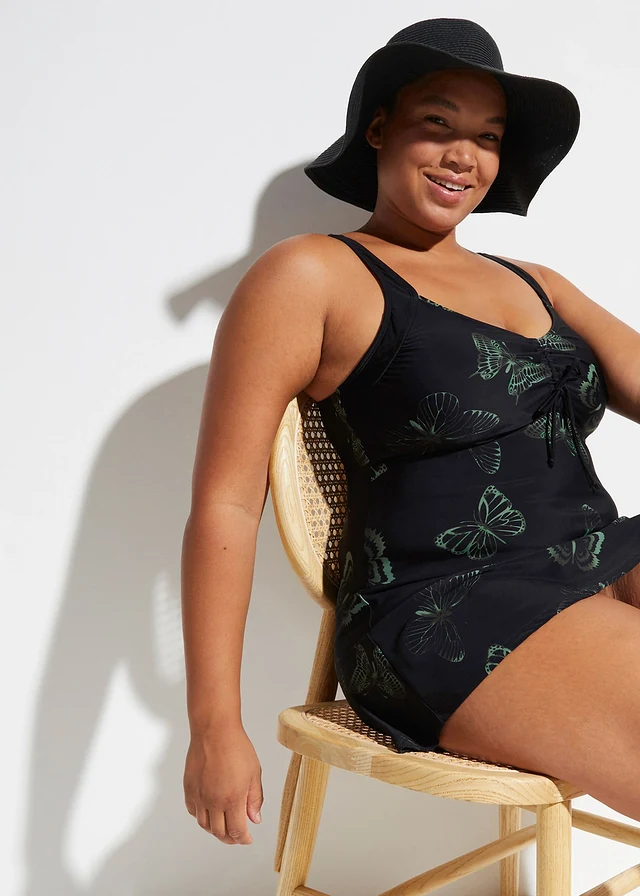 Lange tankini met V-hals (2-dlg. set), Kleur: zwart-olijfgroen
