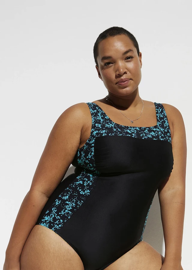Maillot 1 pièce sculptant à encolure carrée, maintien modéré, Couleur: noir-turquoise graphique