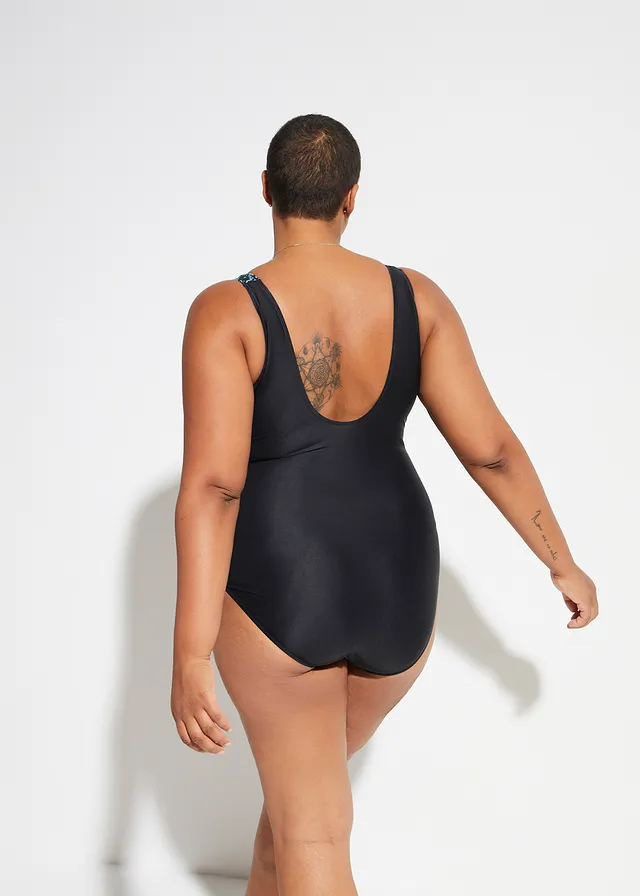 Maillot 1 pièce sculptant à encolure carrée, maintien modéré, Couleur: noir-turquoise graphique