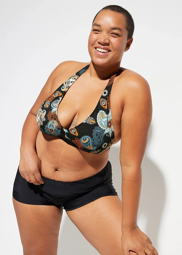 Halter bikinitop met gerecycled polyamide, Kleur: zwart-oranje gedessineerd