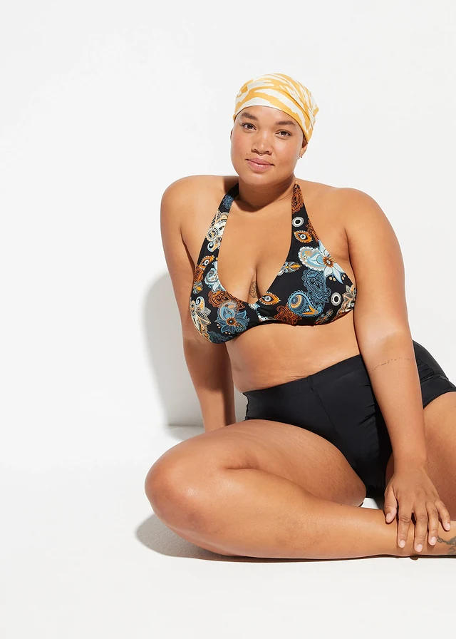 Halter bikinitop met gerecycled polyamide, Kleur: zwart-oranje gedessineerd