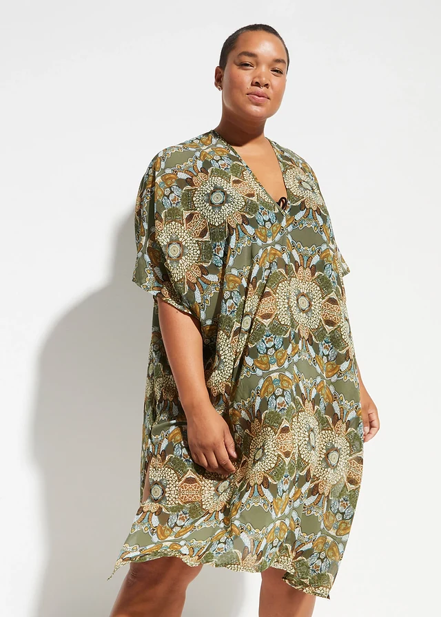 Tunică de plajă oversize din șifon ușor, culoare: verde/bej cu flori