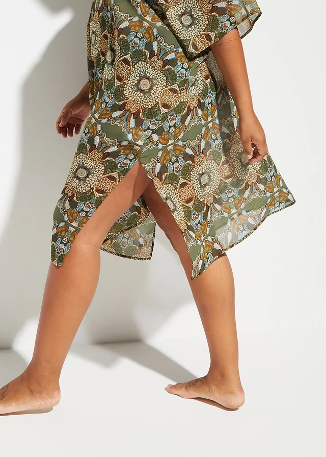 Tunică de plajă oversize din șifon ușor, culoare: verde/bej cu flori