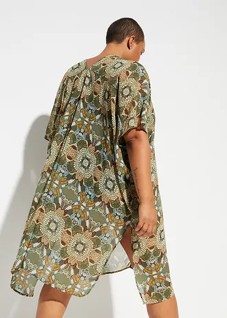 Oversized strandjurk van chiffon, Kleur: groen-beige gebloemd