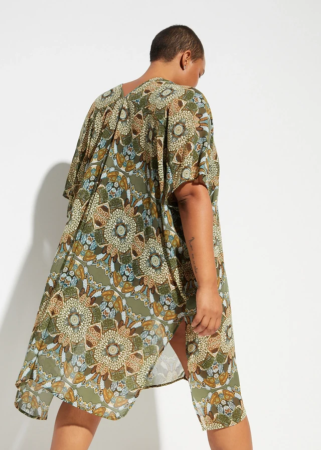 Tunique de plage oversize en crêpe léger, Couleur: vert/beige floral