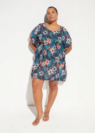 Lange strandtuniek van licht chiffon, Kleur: donkerblauw-turkoois gebloemd