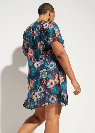 Lange strandtuniek van licht chiffon, Kleur: donkerblauw-turkoois gebloemd