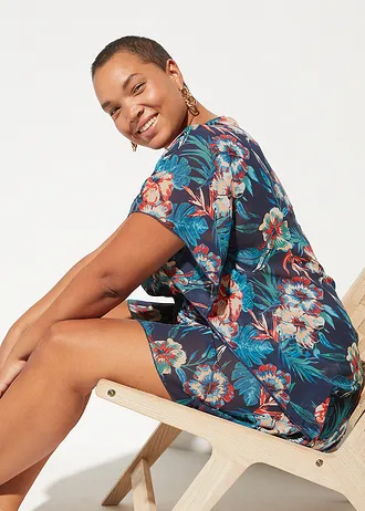 Lange strandtuniek van licht chiffon, Kleur: donkerblauw-turkoois gebloemd