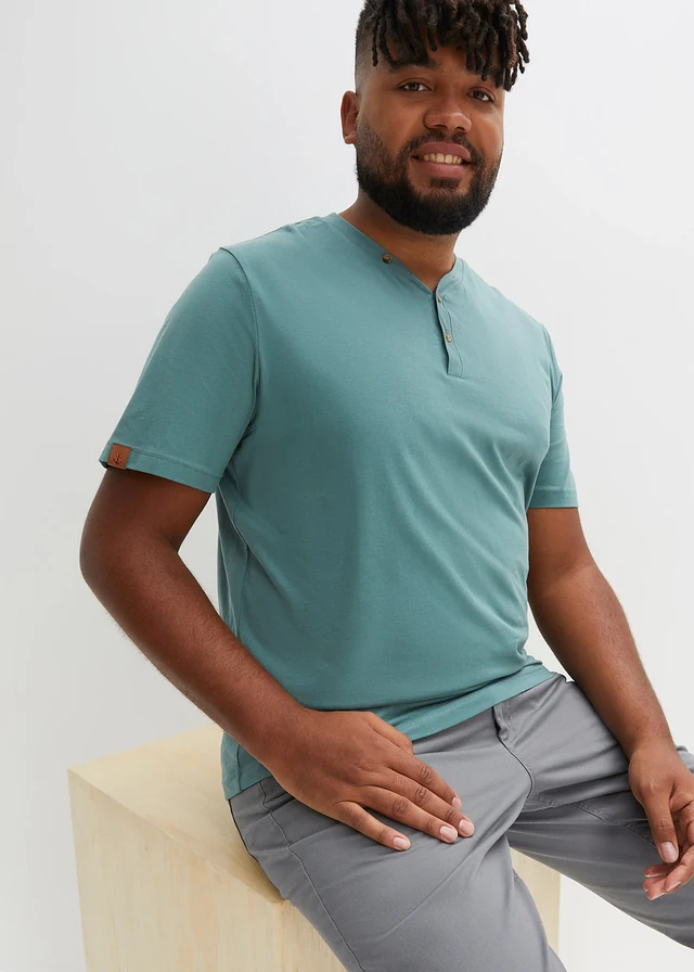 Lot de 2 T-shirts col tunisien 100 % coton, Couleur: bleu foncé+gris vert