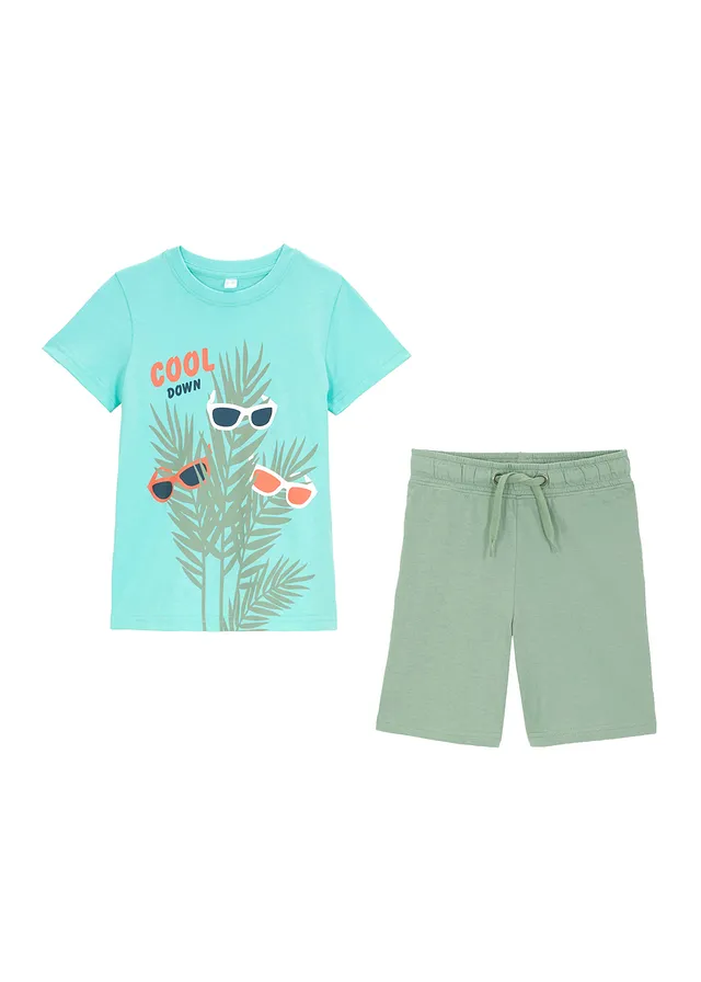 Jongens T-shirt en korte broek van biologisch katoen (2-dlg. set) • aquamarijngroen met print+pijnboomgroen • bonprix online shop
