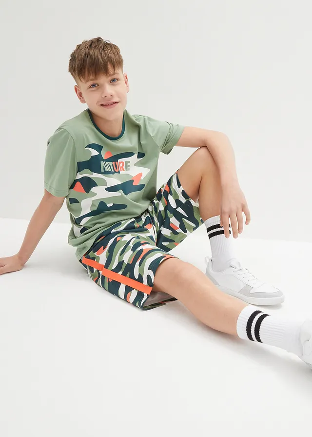 Jongens T-shirt en korte broek van katoen (2-dlg. set), Kleur: pijnboomgroen