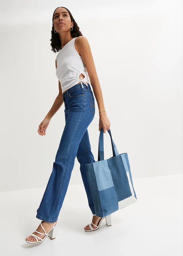 Jean bootcut taille mi-haute, extensible, Couleur: bleu