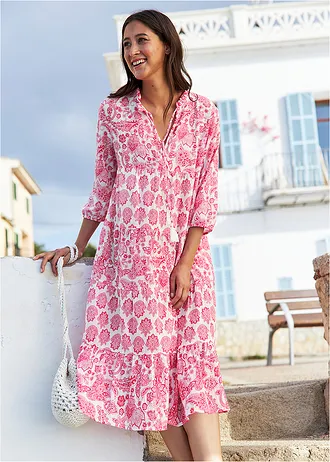 Dlouhé mačkané šaty z bavlny s kapsami a 3/4 rukávem • bílá/růžová/pinklady • bonprix obchod